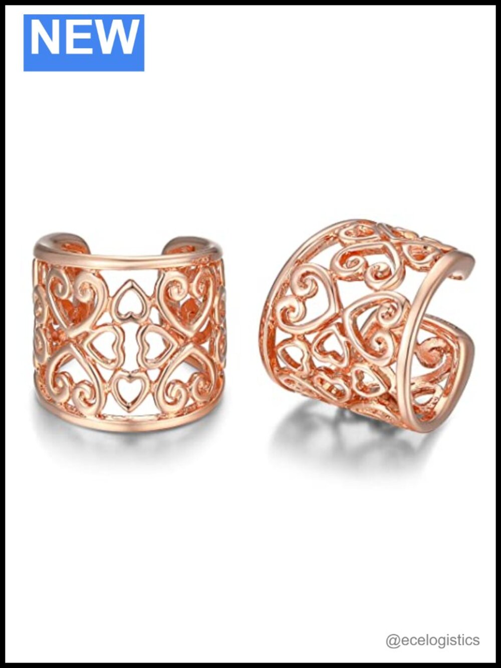 14k Rose Gold Plated Sterling Silver Celtic Heart Ear Cuffs Non-Piercing